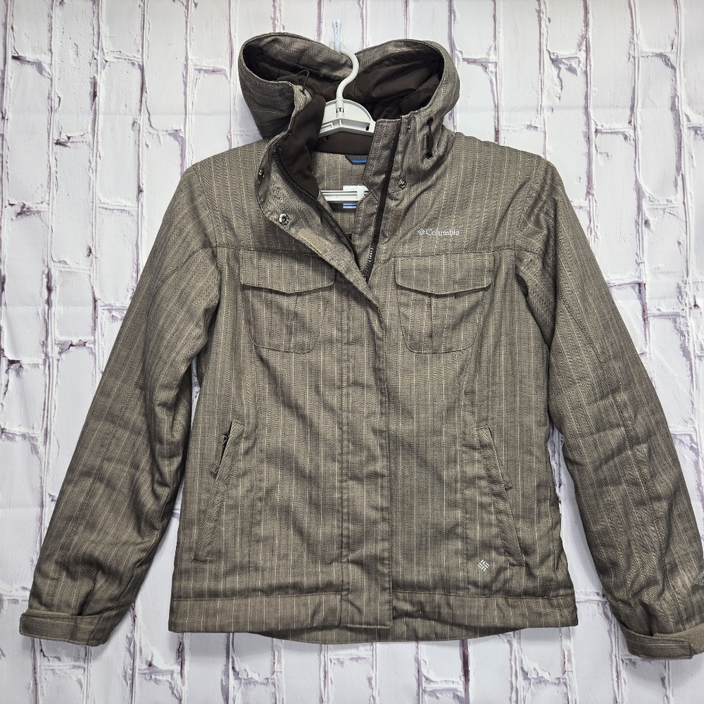 Columbia Onmi-Tech Zip Up‎ Parka Jacket Womens Sz M Brown Tan Striped Hooded